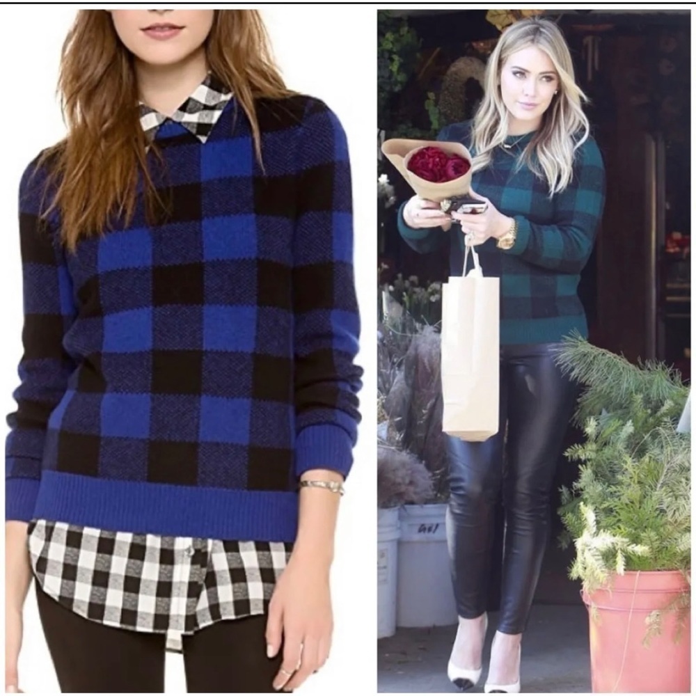 Equipment Femme Womens Sz M 100% WOOL Blue Black Buffalo Check Plaid Sweater